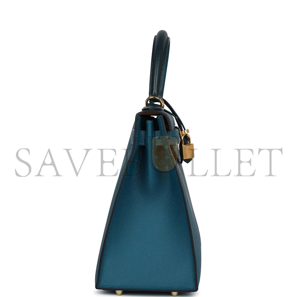 H**mes kelly sellier 28 casaque vert cypres and vert bosphore epsom gold hardware (28*22*10cm)